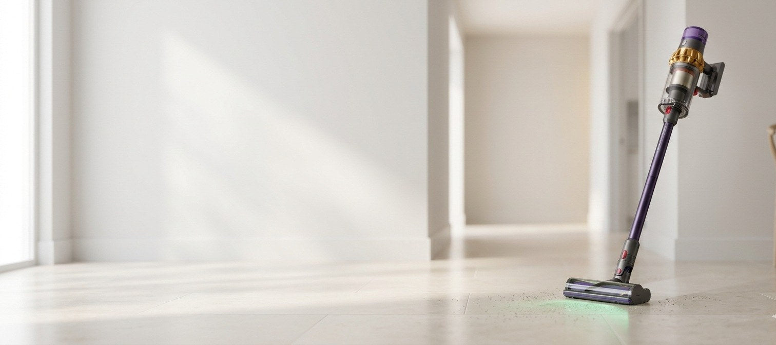 A cordless vacuum lighting up dust on a bright hallway floor