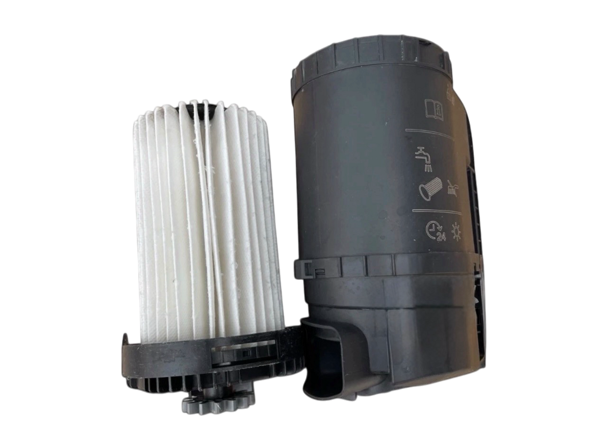 Miele CX1 Blizzard HEPA filter beside its case cartridge