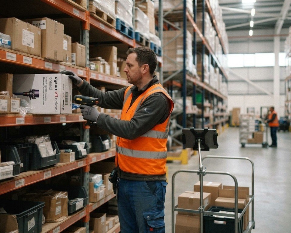A team member scanning a boxed machine on warehouse shelving as it is booked in