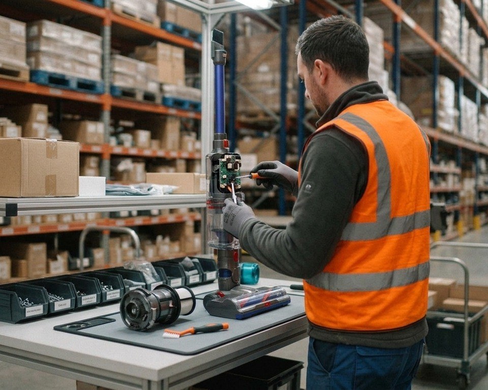 A technician inspecting the opened body of a cordless vacuum at a workbench