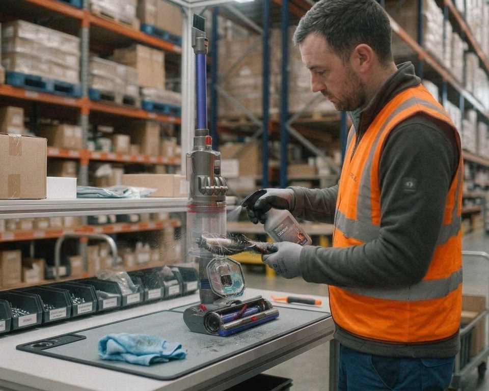A technician spraying and cleaning a vacuum brush bar at a workbench