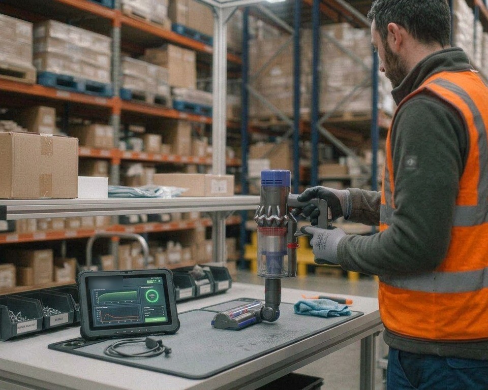 A technician running a cordless vacuum through a function test, with results on a tablet