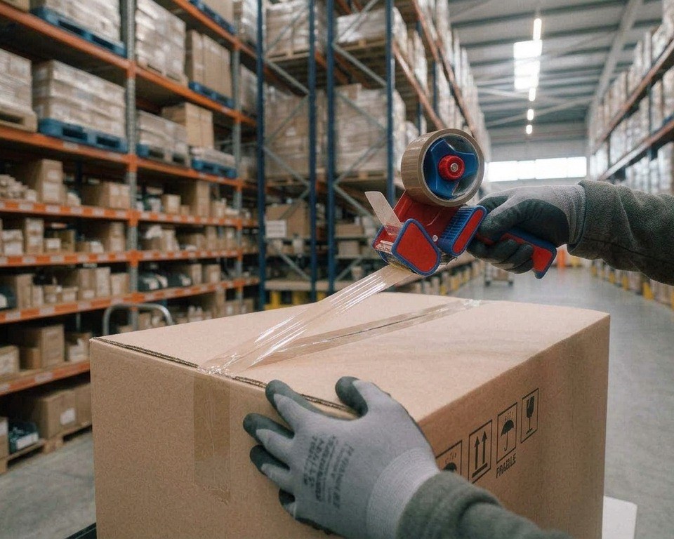 A box being taped shut with a tape gun, ready to ship